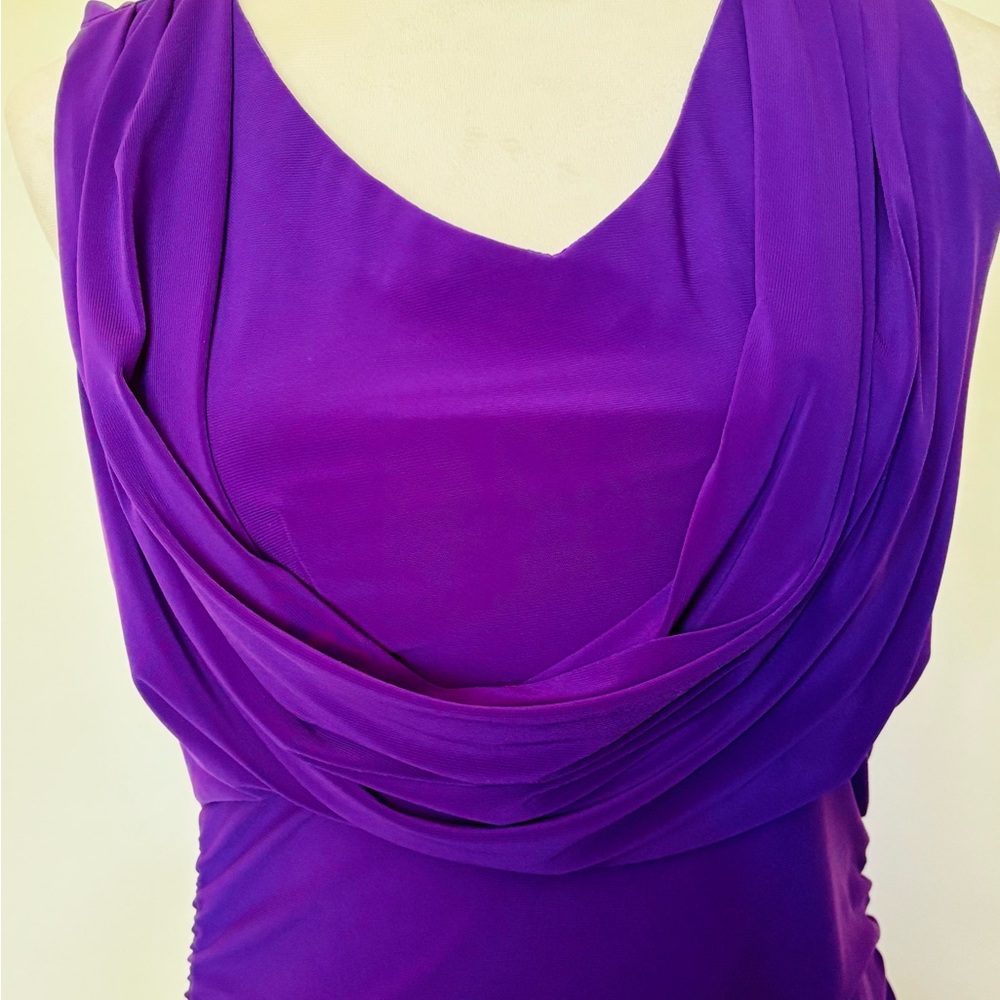 Tiana B. Size S Stretchy Purple Sleeveless Midi Cowl Neck Dress w Ruching - Picture 2 of 9